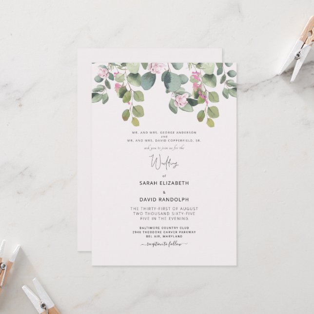 Convite Casamento de Eucalipto e Rosa Rosa para os Pais (Frente/Verso In Situ)