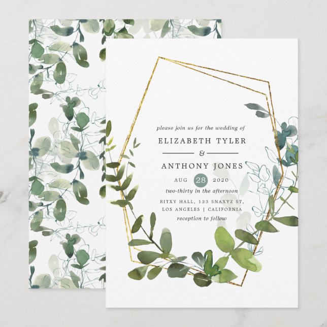 Convite Casamento de Eucalipto em Aquarela (Frente/Verso)