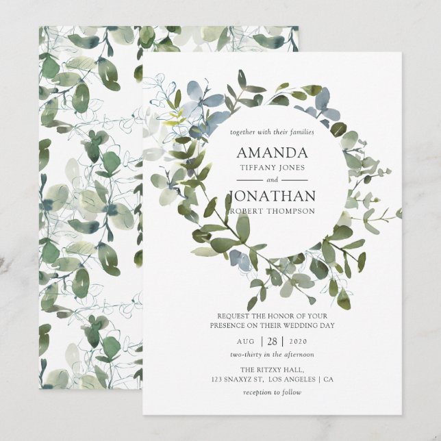 Convite Casamento de Eucalipto em Aquarela (Frente/Verso)