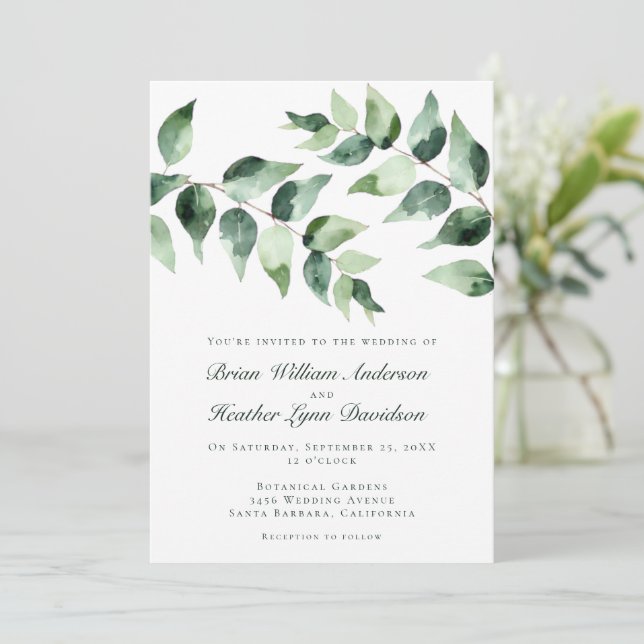 Convite Casamento de Eucalipto em Aquarela | Branco (Em pé/Frente)
