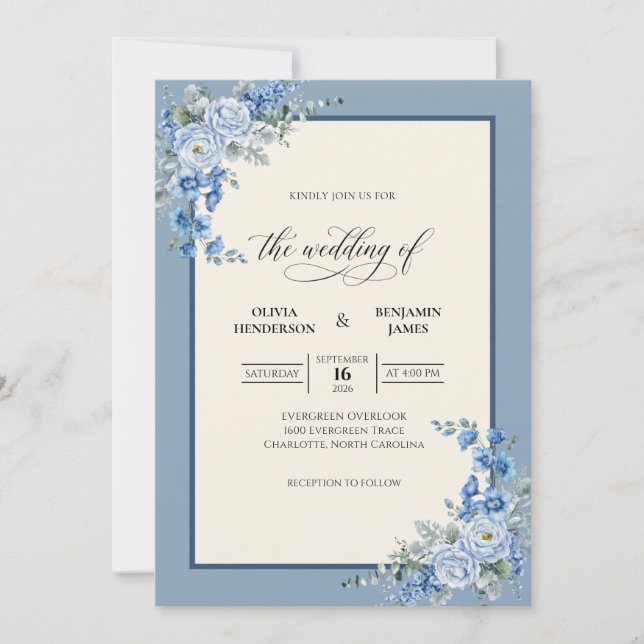 Convite Casamento de Eucalipto Flor de Aço Periwinkle (Frente)