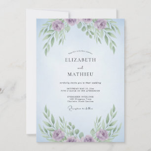 Convite Casamento de Eucalipto Flor Lilás Céu