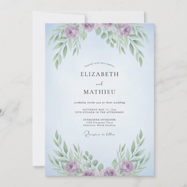 Convite Casamento de Eucalipto Flor Lilás Céu (Frente)