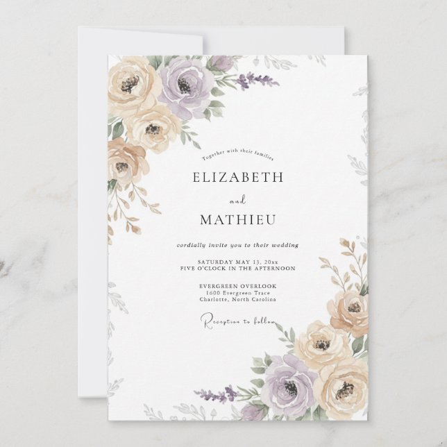 Convite Casamento de Eucalipto Flor Lilás Champanhe (Frente)