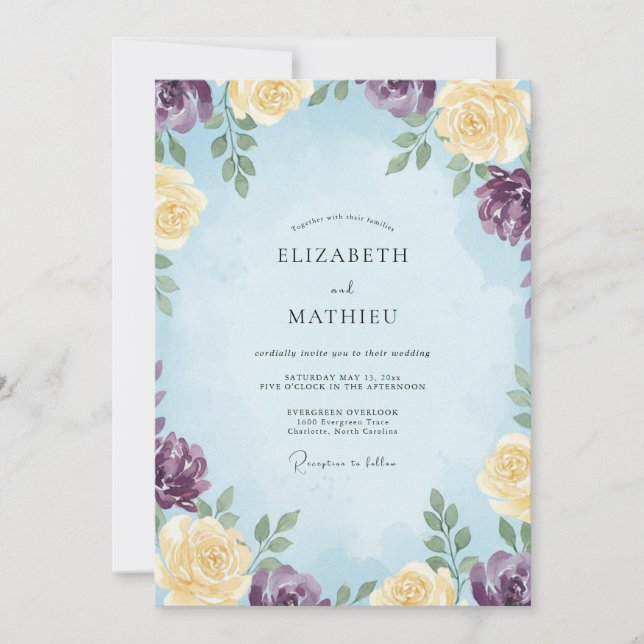Convite Casamento de Eucalipto Flor Violeta Azure (Frente)