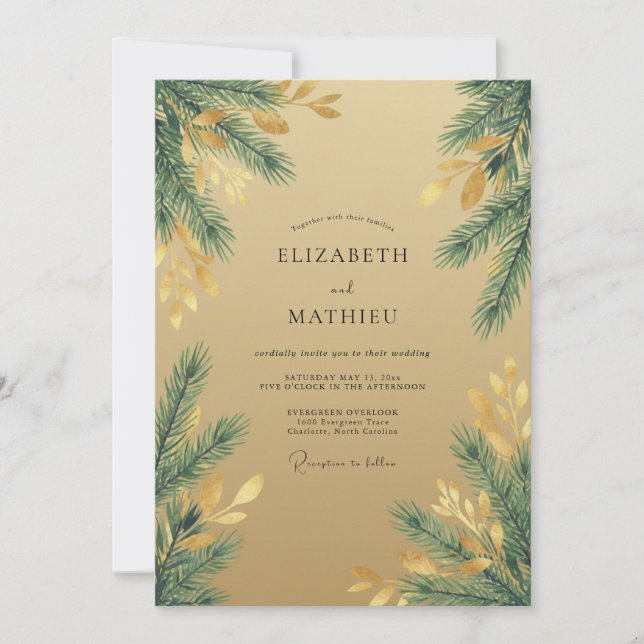 Convite Casamento de Eucalipto Floresta de Pinheiro Dourad (Frente)