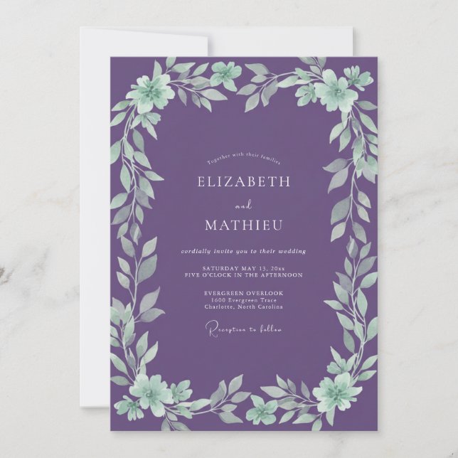 Convite Casamento de Eucalipto Folhagem Ameixa Menta (Frente)