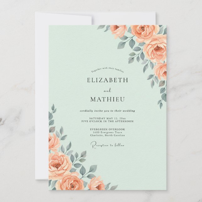 Convite Casamento de Eucalipto Folhagem Apricot Menta (Frente)