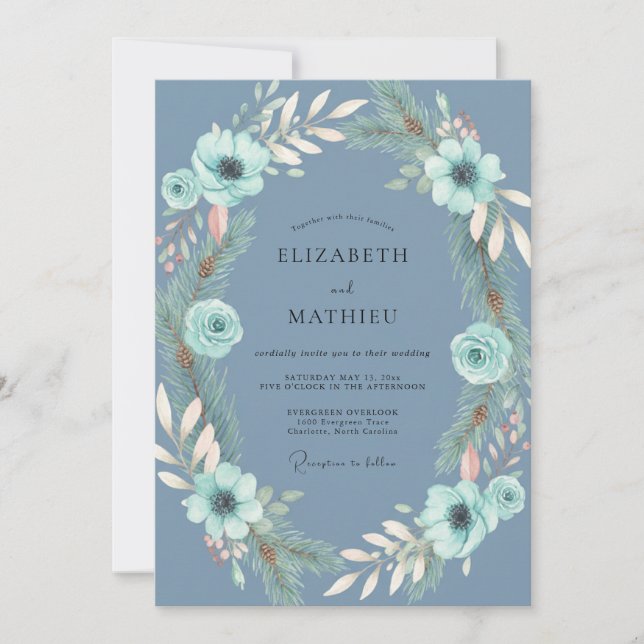 Convite Casamento de Eucalipto Folhagem Aqua Aço (Frente)
