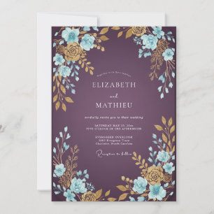 Convite Casamento de Eucalipto Folhagem Aqua Ameixa