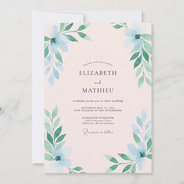 Convite Casamento de Eucalipto Folhagem Azul Espuma do Mar (Frente)