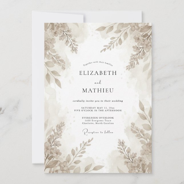 Convite Casamento de Eucalipto Folhagem Bege (Frente)