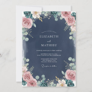 Convite Casamento de Eucalipto Folhagem Bege Azul-Marinho