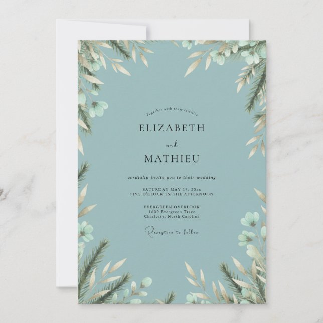 Convite Casamento de Eucalipto Folhagem Branco Aço (Frente)