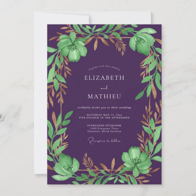 Convite Casamento de Eucalipto Folhagem Bronze Ameixa (Frente)