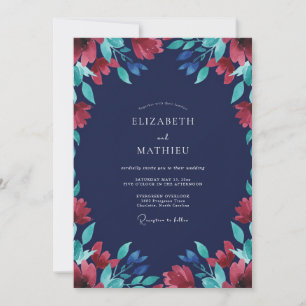Convite Casamento de Eucalipto Folhagem Carmesim Meia-Noit