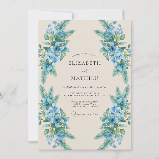 Convite Casamento de Eucalipto Folhagem Centáurea Azul (Frente)