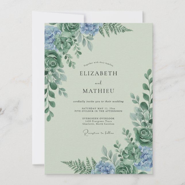 Convite Casamento de Eucalipto Folhagem Centáurea Celadon (Frente)