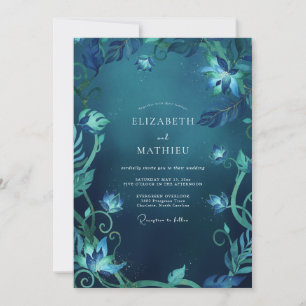 Convite Casamento de Eucalipto Folhagem Ciano Meia-Noite