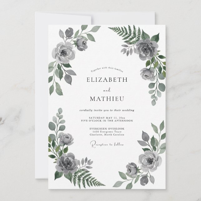Convite Casamento de Eucalipto Folhagem Cinza Prata (Frente)