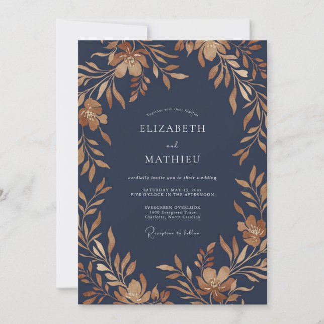 Convite Casamento de Eucalipto Folhagem Cobre Marinho (Frente)