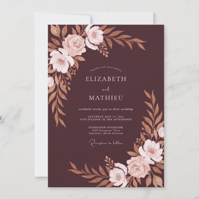 Convite Casamento de Eucalipto Folhagem Cobre Marrom (Frente)