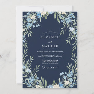 Convite Casamento de Eucalipto Folhagem Cornflower Navy
