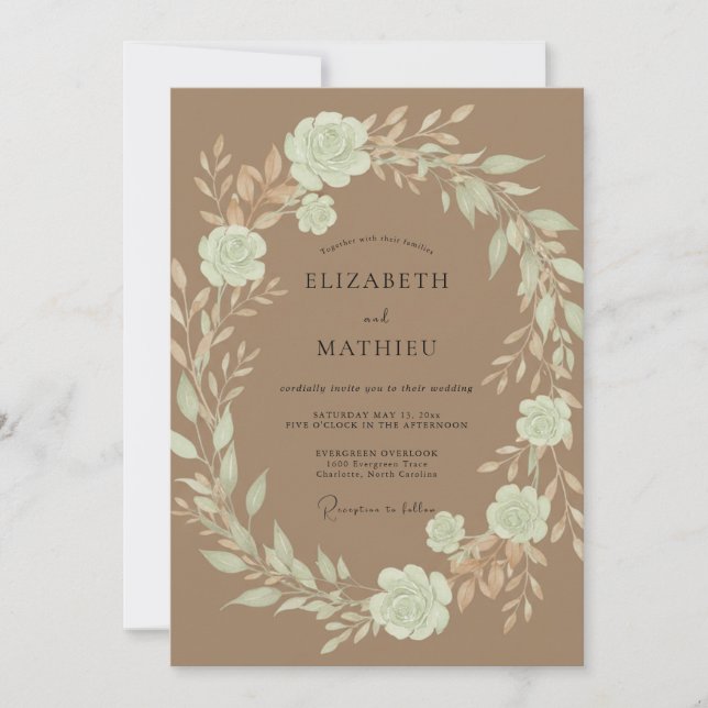 Convite Casamento de Eucalipto Folhagem Creme Bege (Frente)