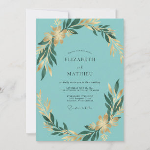 Convite Casamento de Eucalipto Folhagem Dourada Aqua