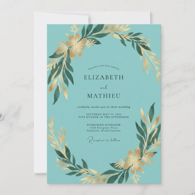 Convite Casamento de Eucalipto Folhagem Dourada Aqua (Frente)