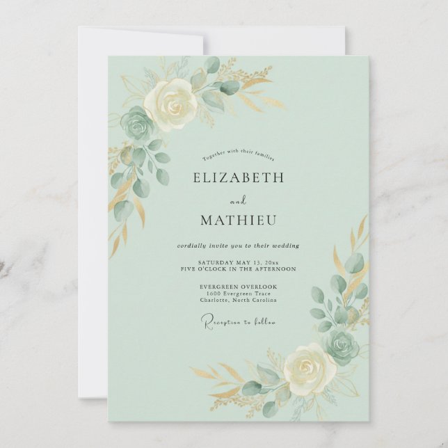 Convite Casamento de Eucalipto Folhagem Dourada Espuma do  (Frente)