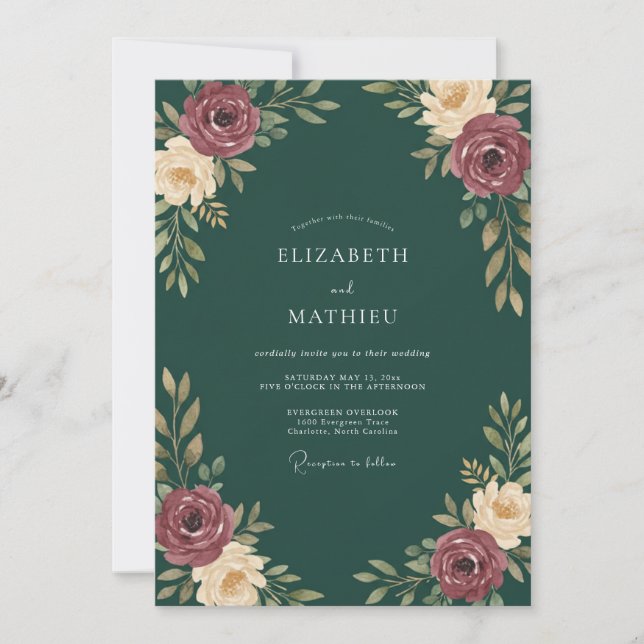 Convite Casamento de Eucalipto Folhagem Esmeralda Borgonha (Frente)