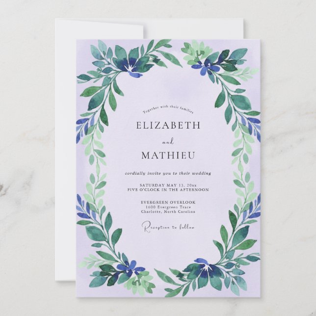 Convite Casamento de Eucalipto Folhagem Índigo Lavanda (Frente)