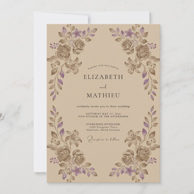 Convite Casamento de Eucalipto Folhagem Lilás Bege (Frente)