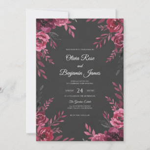 Convite Casamento de Eucalipto Folhagem Magenta Carvão