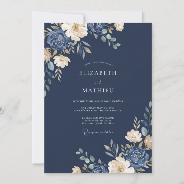 Convite Casamento de Eucalipto Folhagem Marfim Índigo (Frente)