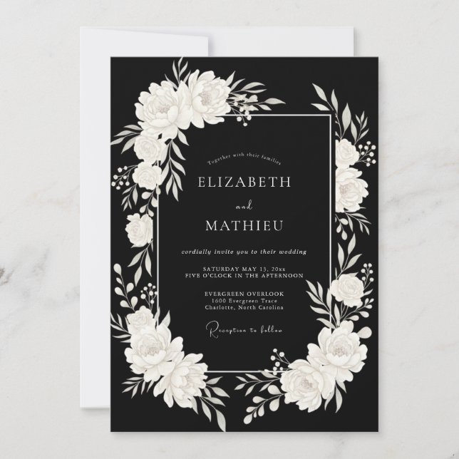 Convite Casamento de Eucalipto Folhagem Marfim Preto (Frente)