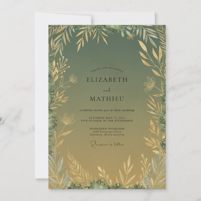 Convite Casamento de Eucalipto Folhagem Oliva Dourada (Frente)