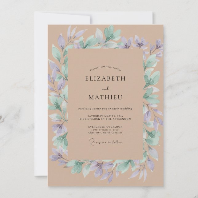 Convite Casamento de Eucalipto Folhagem Periwinkle Taupe (Frente)