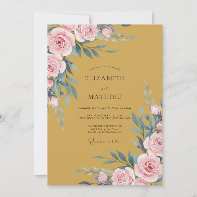 Convite Casamento de Eucalipto Folhagem Rosa Dourada (Frente)