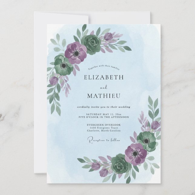 Convite Casamento de Eucalipto Folhagem Roxa Vinca (Frente)
