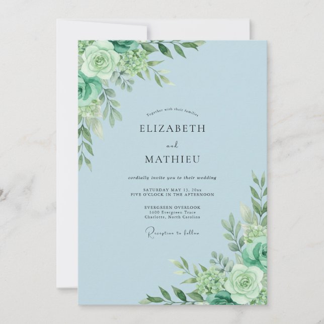 Convite Casamento de Eucalipto Folhagem Sage em Pó (Frente)