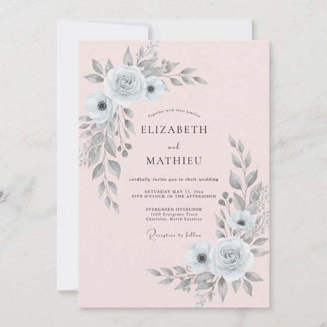 Convite Casamento de Eucalipto Folhagem Silver Blush (Frente)
