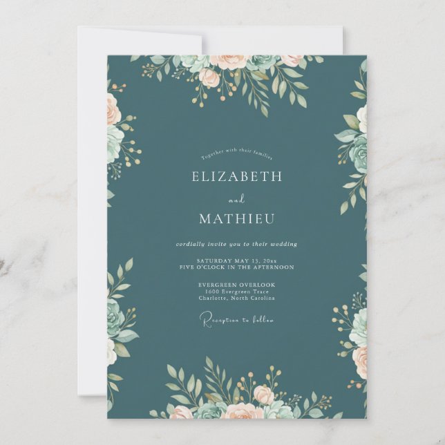 Convite Casamento de Eucalipto Folhagem Teal Ardósia (Frente)