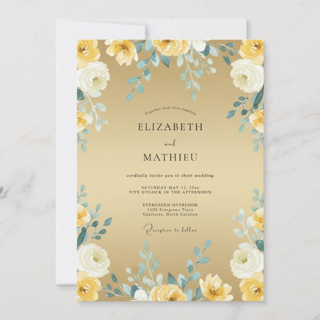 Convite Casamento de Eucalipto Folhagem Teal Dourada (Frente)