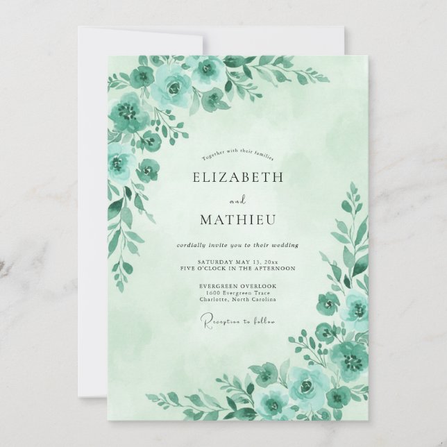 Convite Casamento de Eucalipto Folhagem Teal Espuma do Mar (Frente)