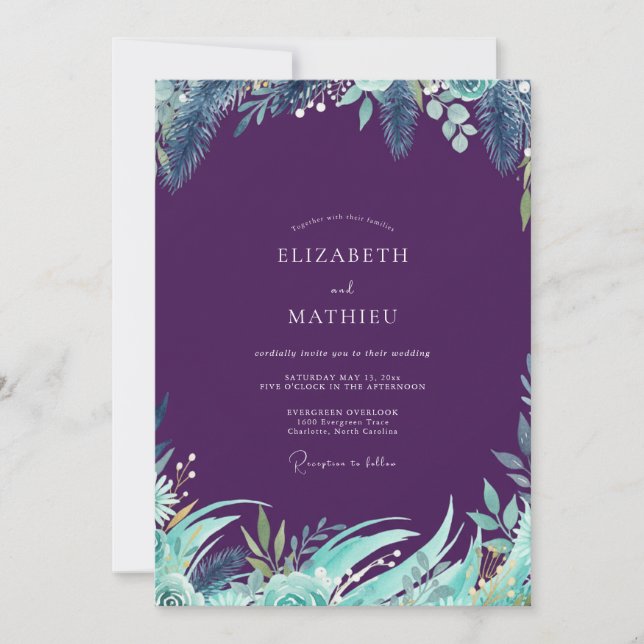 Convite Casamento de Eucalipto Folhagem Tropical Ameixa (Frente)