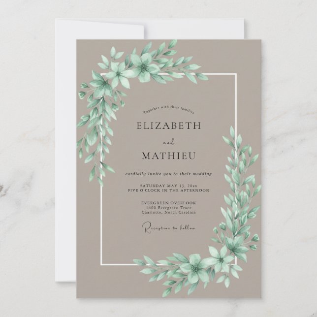 Convite Casamento de Eucalipto Folhagem Verde-Menta Bege (Frente)