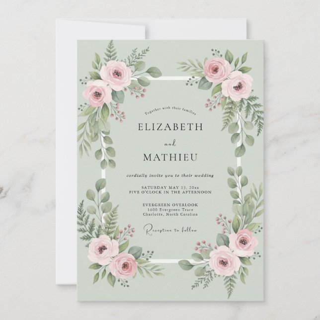 Convite Casamento de Eucalipto Folhagem Verde-Menta Rubor (Frente)