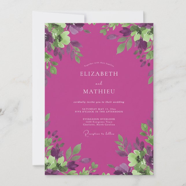 Convite Casamento de Eucalipto Folhagem Violeta Magenta (Frente)